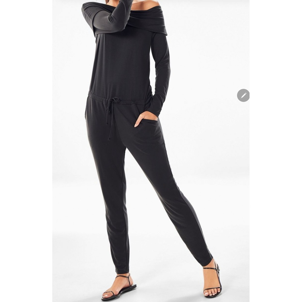 Fabletics Jumpsuit M Tess Off the Shoulder Drawstring‎ Black Blouson Athleisure